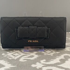 Prada Quilted Black Continental Bow Tie Double SnapWallet with COA
